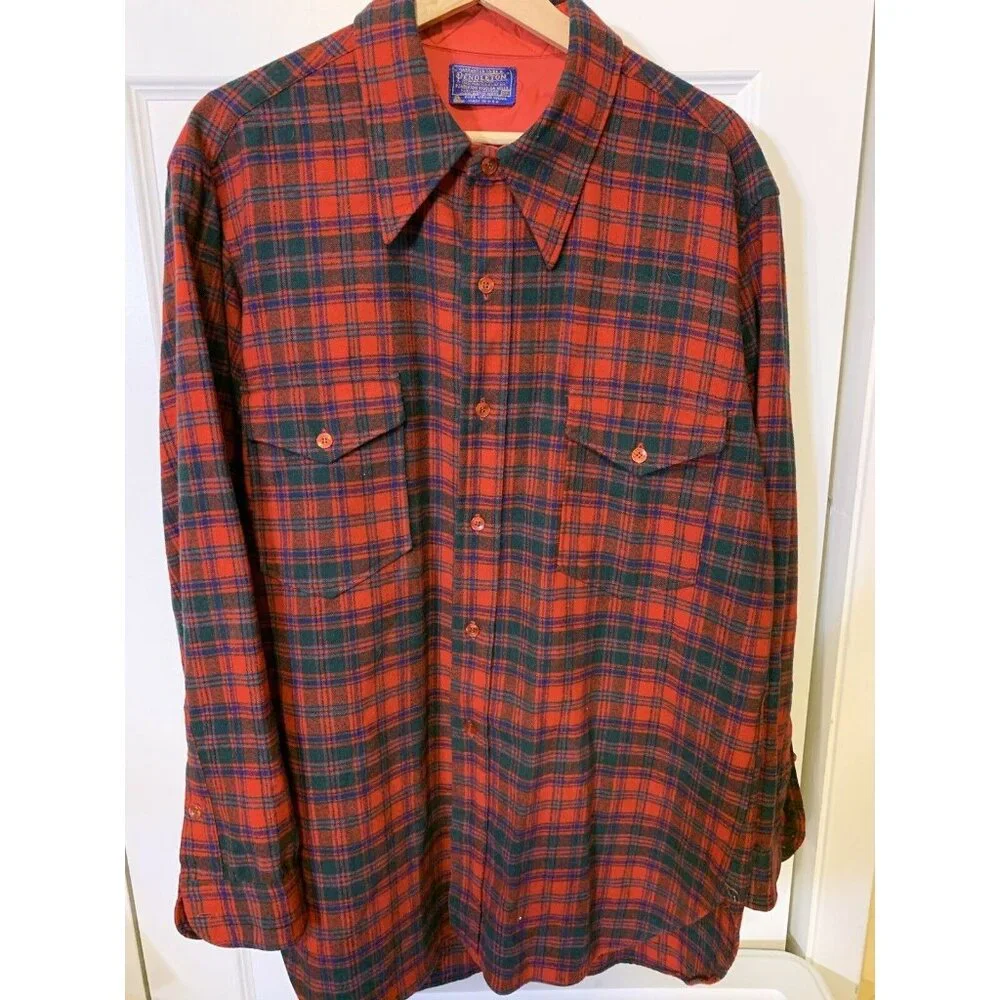 Vintage Pendleton Men’s‎ 17 1/2 Red Plaid Virgin Wool Shirt USA